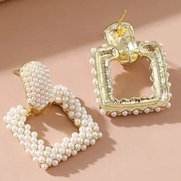 Women, Boho Faux Pearl Earrings Gold Dangle Stud Earrings Geometric Earrings